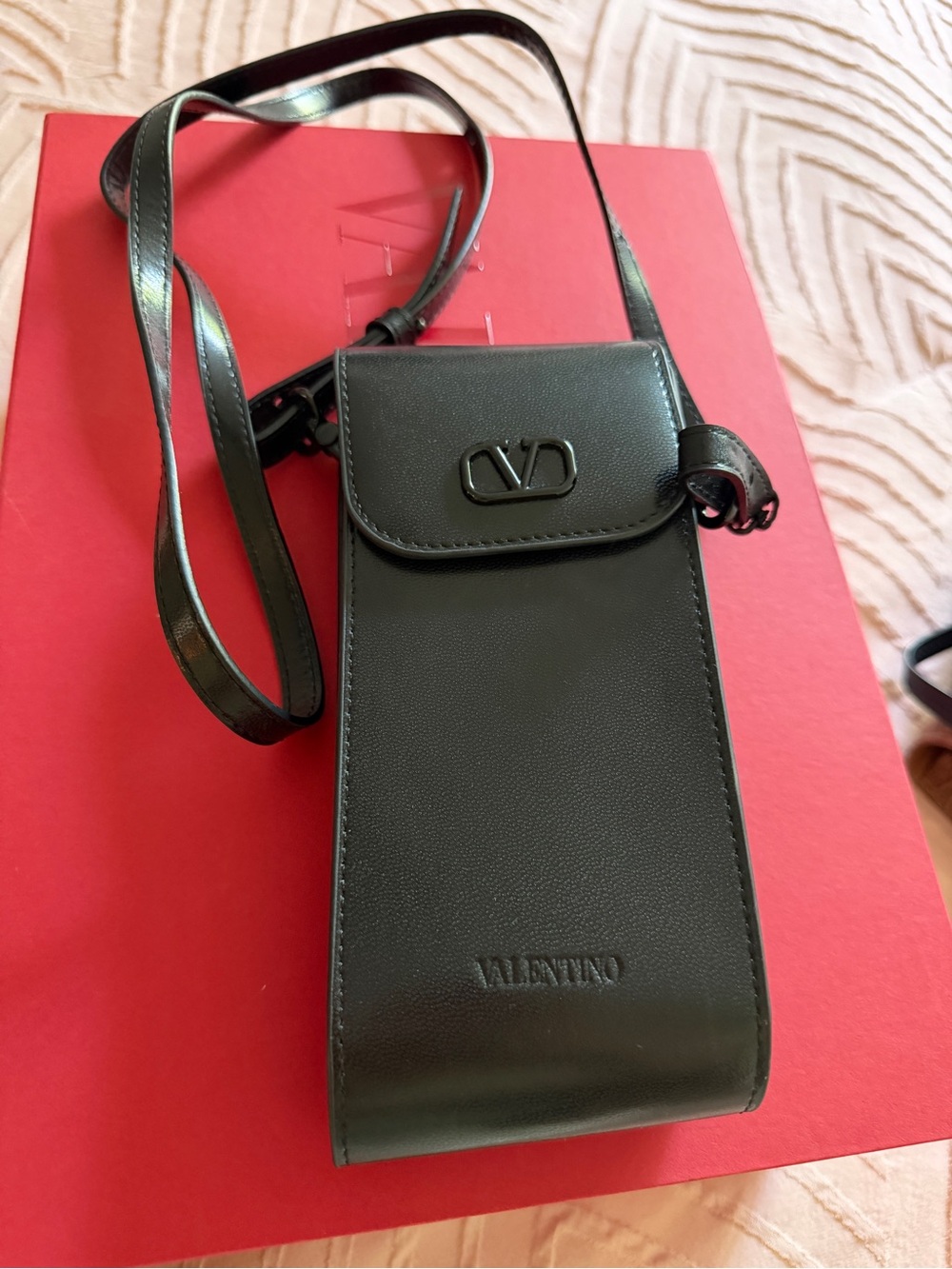 Valentino Black Leather Crossbody Phone/Sunglass Pouch with Logo Plaque